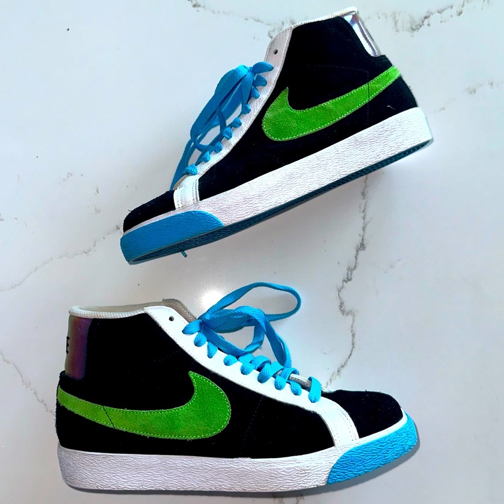 Vintage Nike Blazer Mid Sneaker in Black Lime & Turquoise w Rainbow detail 8.5